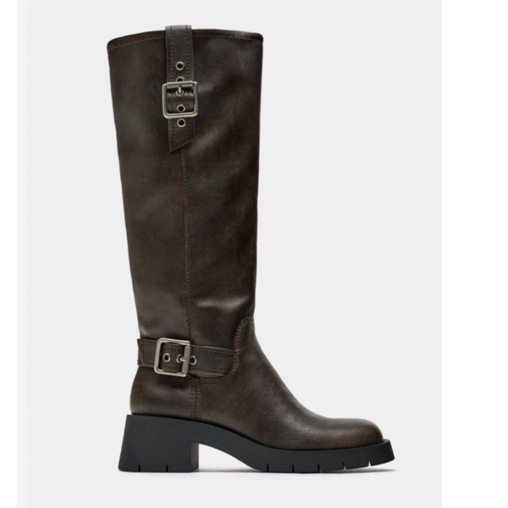 Zara Flat knee high boots Side buckle detail Squared toe Moto Riding New